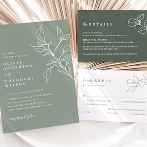 Salie groene minimalistische bruiloft uitnodiging sjabloon set, botanische bruiloft uitnodigen, elegante moderne groen details kaart, afdrukbare RSVP