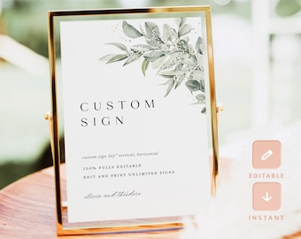 Minimalist Custom Wedding Sign Template, Sage Green Reception Table Decor Sign, Editable Printable Eucalyptus Greenery Sign Poster, Cloe