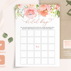 Juegos de despedida de soltera editables Bingo Virtual Bachelorette Wedding Game Card Blush Pink Rose Gold Floral Imprimible Plantillas Descarga instantánea