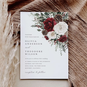 Winter Kerst bruiloft uitnodiging sjabloon, Bourgondische bloemen bruiloft nodigt, Boho rustieke bos Pine Rose afdrukbare trouwkaart, downloaden