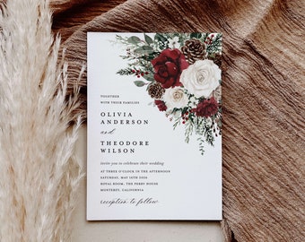 Winter Christmas Wedding Invitation Template, Burgundy Floral Wedding Invites, Boho Rustic Forest Pine Rose Printable Wedding Card, Download