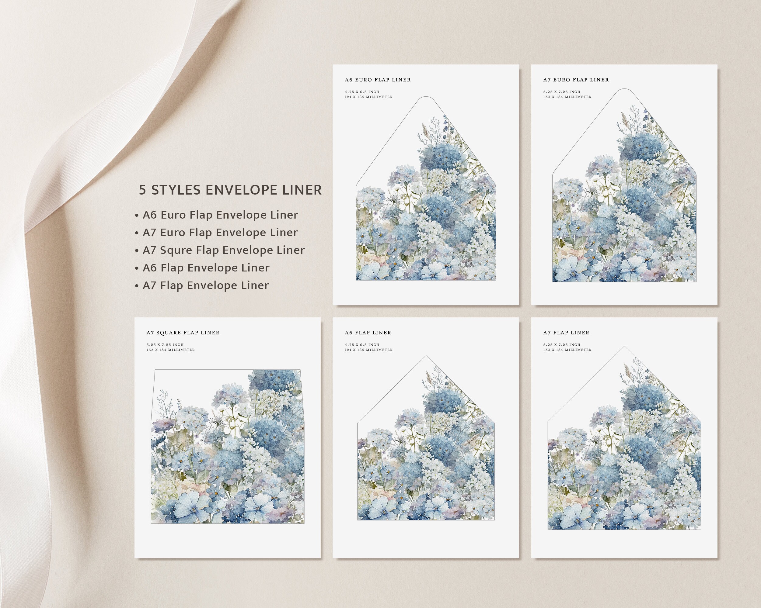 Dusty Blue Envelope Liner Template, Boho Floral A6 and A7 Euro Flap &  Square Flap, Printable DIY Garden Light Blue Wedding Envelope Liners 