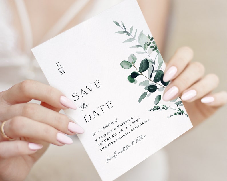 Sage Green Save The Date Template, Minimal Photo Wedding Save The Dates, Printable Greenery Rustic Botanical Save The Date Cards, Download image 7