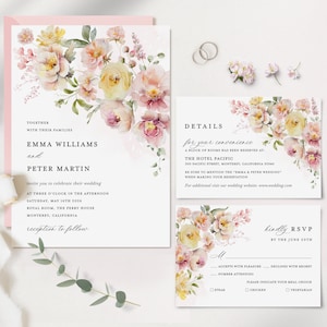 Ensemble de modèles de faire-part de mariage rose pâle et jaune, suite d'invitations de mariage floral bohème, carte de détails de jardin élégant, RSVP imprimable, téléchargement