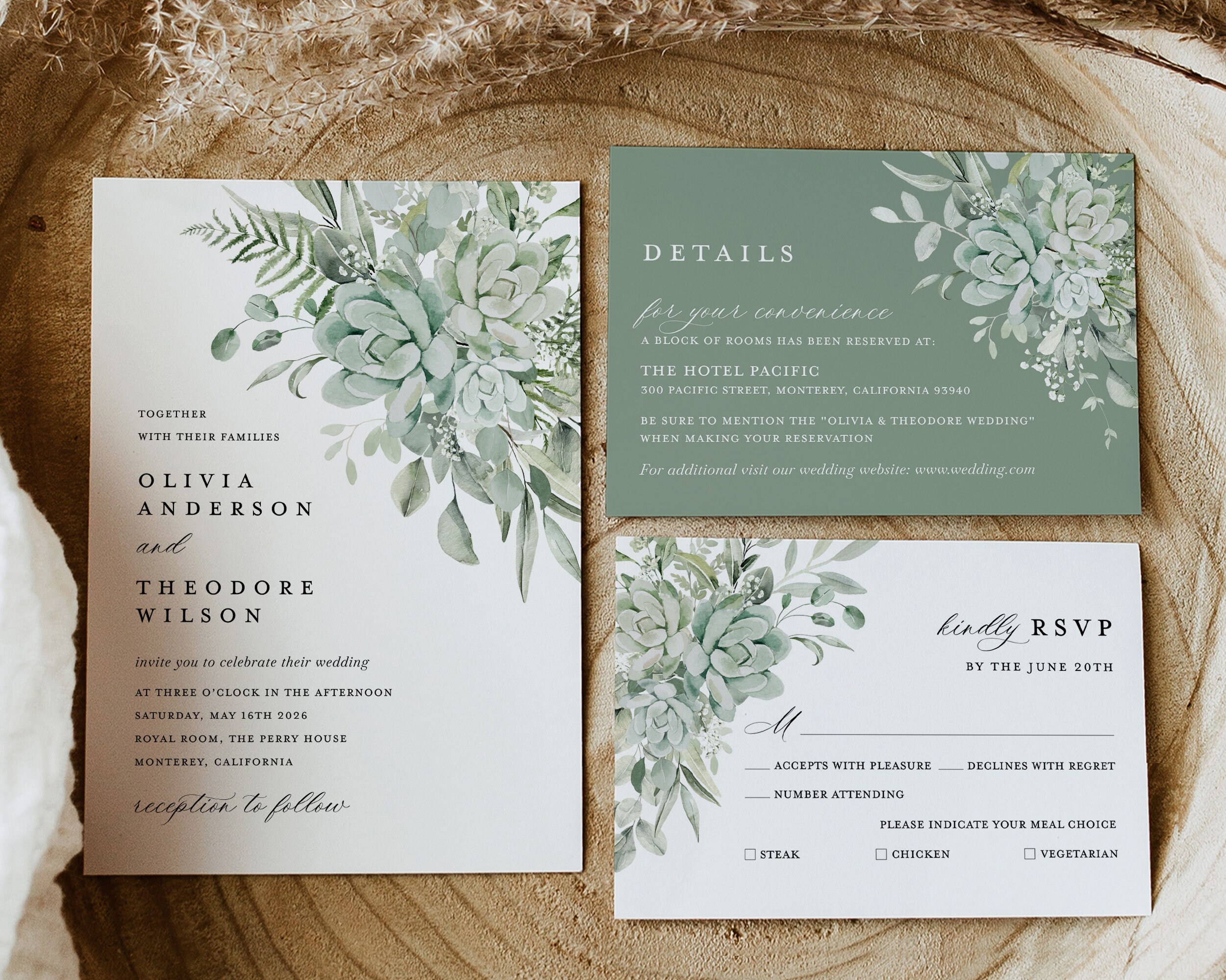 Sage Green Wedding Invitation Template Set, Boho Greenery Wedding ...