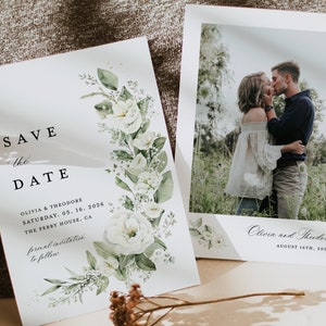 Modèle de cartes de réservation floral blanc, photo mariage sauge, réservez des dates, Boho élégant verdure fleur cartes réservez, téléchargement