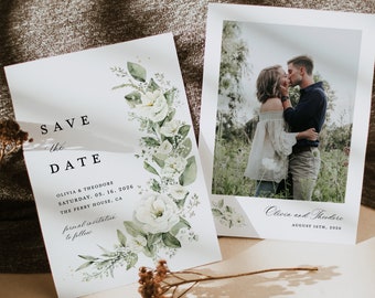 White Floral Save The Date Cards Template, Photo Sage Wedding Save The Dates, Boho Elegant Greenery Flower Save The Date Cards, Download