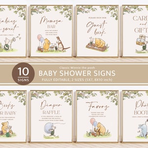 Classic Winnie The Pooh Baby Shower Signs, Bundle, Printable Editable Sign Set Template, Baby Shower Decor, Instant Download