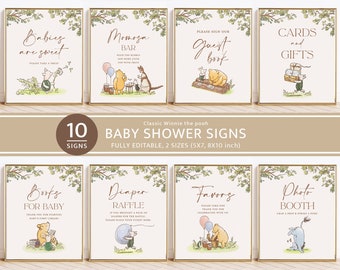 Classic Winnie The Pooh Baby Shower Signs, Bundle, Printable Editable Sign Set Template, Baby Shower Decor, Instant Download