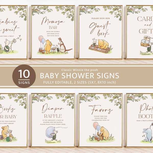 Classic Winnie The Pooh Baby Shower Signs, Bundle, Printable Editable Sign Set Template, Baby Shower Decor, Instant Download