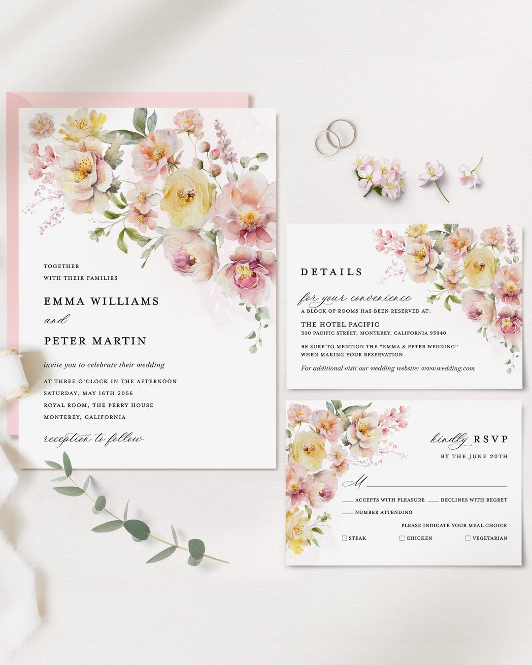 Blush Pink Yellow Wedding Invitation Template Set, Boho Floral Wedding ...
