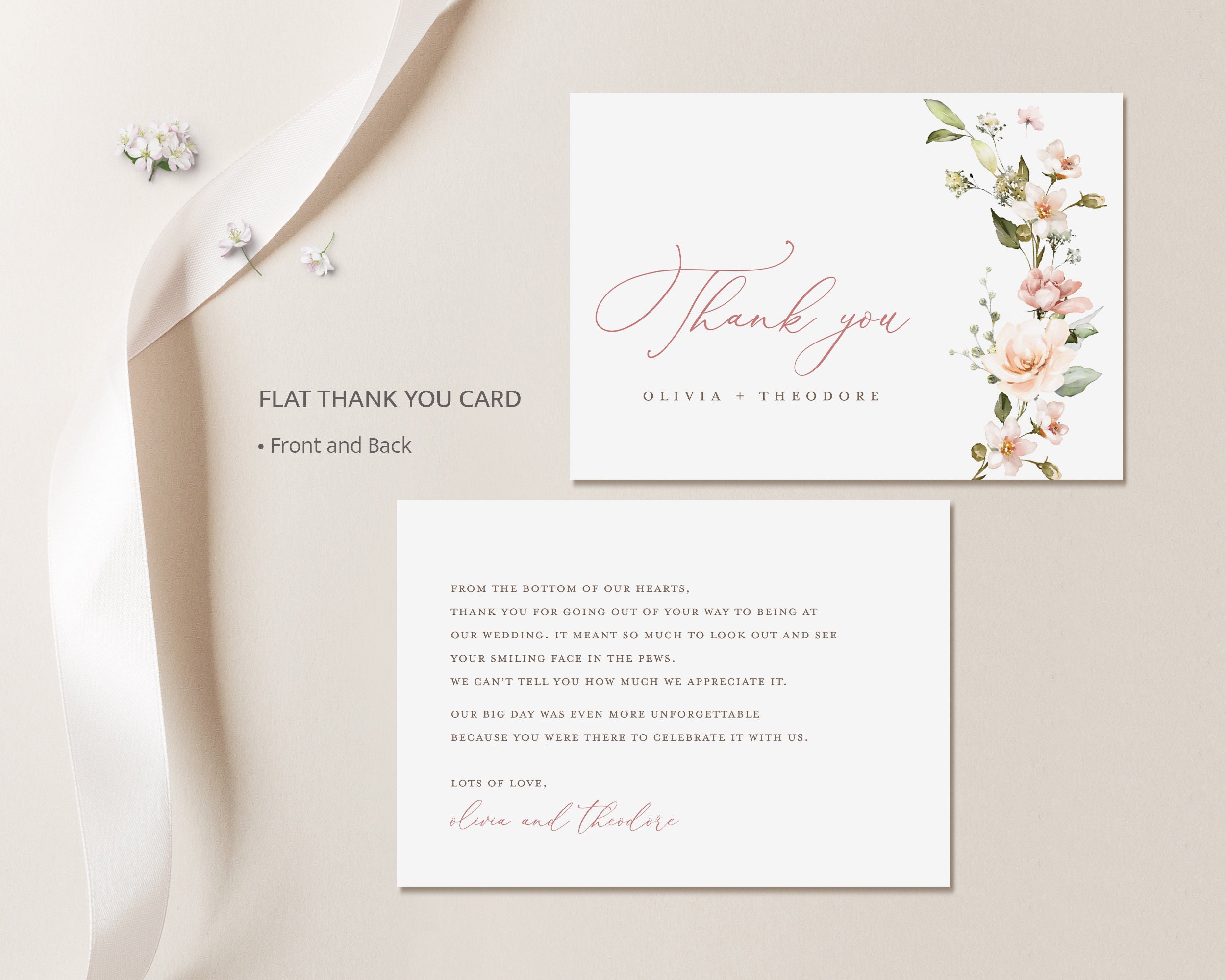 Boho Floral Wedding Thank You Card Template, Blush Pink Thank You Note ...