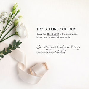 May include: White flowers, a white ribbon, and a spool of white thread on a white background. Text reads: "TRY BEFORE YOU BUY Copy the DEMO LINK in the description into a new browser window or tab Creating your lovely stationery is as easy as it looks!"