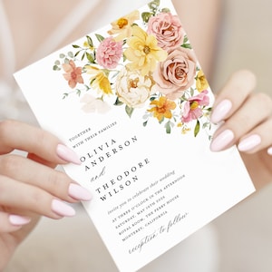 Colorful Pastel Wedding Invitation Template, Floral Pink Yellow Wedding Invites, Boho Blush Spring Garden Wedding Invitation, Download