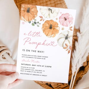 Pink Little Pumpkin Baby Shower Invitation Template, Girl Baby Shower Invites, Editable Fall Autumn Rustic Invite, Digital Instant Download