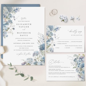 Dusty Blue Wedding Invitation Template Set, Boho Floral Wedding Invite Suite, Elegant Garden Light Steel Blue Details, RSVP, Download
