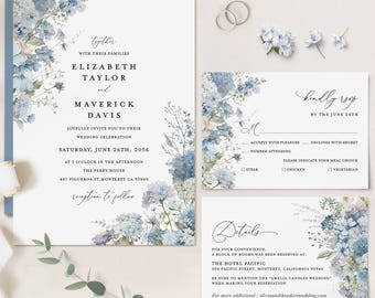 Dusty Blue Wedding Invitation Template Set, Boho Floral Wedding Invite Suite, Elegant Garden Light Steel Blue Details, RSVP, Download