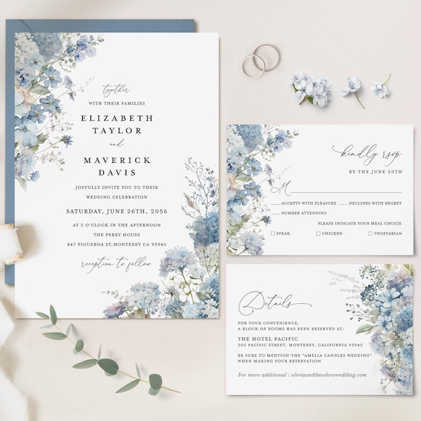 Dusty Blue Wedding Invitation Template Set, Boho Floral Wedding Invite Suite, Elegant Garden Light Steel Blue Details, RSVP, Download