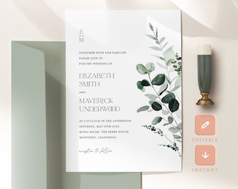 Minimal Wedding Invitation Template, Sage Green Modern Invite, Forest Greenery Botanical Editable Wedding Invitations, Printable Invite