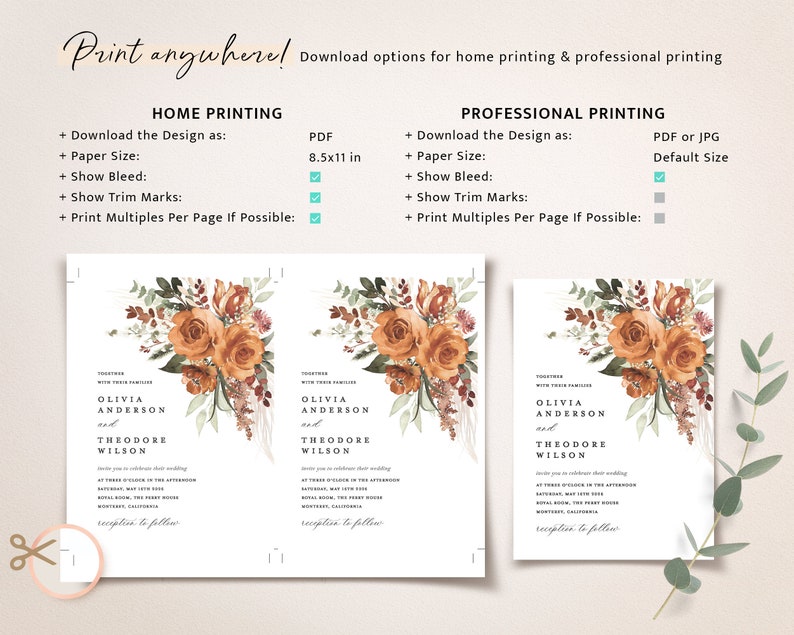 Terracotta Wedding Invitation Template Set, Boho Floral Wedding Invite Suite, Modern Burnt Orange Rose Elegant Details, Pampas RSVP image 7