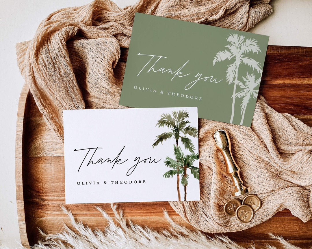 Palm Tree Wedding Thank You Card Template, Tropical Sage Thank You Note ...