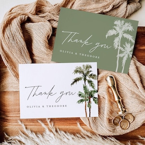 Plantilla de tarjeta de agradecimiento de boda de palmera, nota de agradecimiento de salvia tropical, tarjeta de lugar de mesa de agradecimiento de playa de destino verde Boho, descargar
