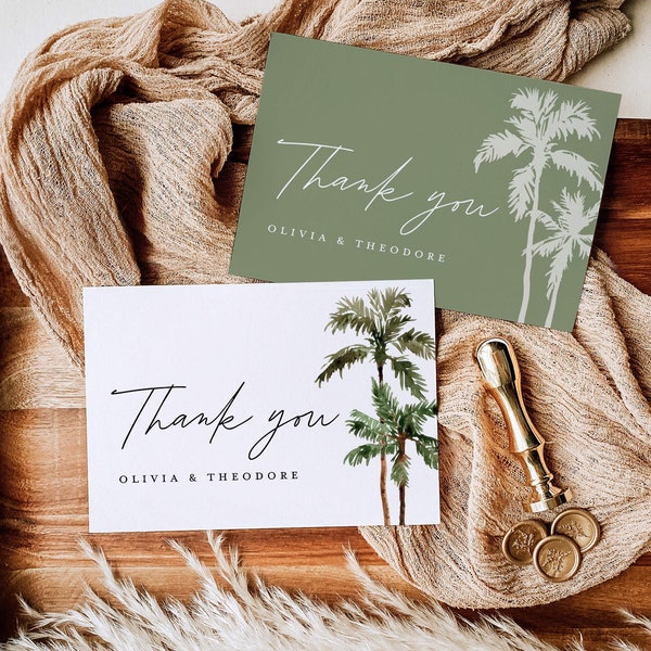 Palm Tree Wedding Thank You Card Template, Tropical Sage Thank You Note, Boho Green Destination Beach Thanks Table Place Card, Download