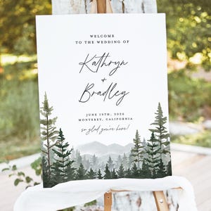 Mountain Wedding Welcome Sign Template, Woodland Forest Pine Editable Sign, Rustic Sage Reception Decor Sign, Printable Large Signage