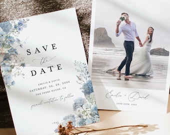 Dusty Blue Save The Date Cards Template, Photo Floral Steel Light Blue Wedding Save The Dates, Elegant Boho Garden Save The Date, Download