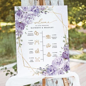 Lavender Wedding Timeline Welcome Sign Template, Lilac Floral Gold Program Poster, Elegant Boho Purple Garden Editable Wedding Day Itinerary