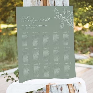Peut inclure: Un plan de table de mariage vert avec du texte blanc. Le plan est intitulé "Find your seat" et liste les noms des invités assignés à chaque table. Le plan comprend également les noms de la mariée et du marié, Olivia & Theodore, et la date du mariage, le 19 juin 2023.