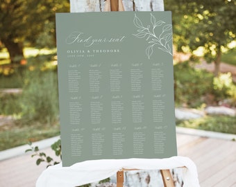 Wedding Table Seating Chart Sign Template, Sage Green Printable Large Guest Seating Chart Sign Board, Editable Modern Greenery Table Seating