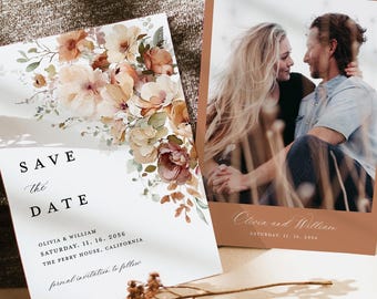 Boho Terracotta Save The Date Cards Template, Photo Floral Wedding Save The Dates, Burnt Orange Garden Save The Date Cards, Download