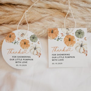Little Pumpkin Thank You Favors Tags Template Baby Shower Editable Tag, Printable Fall Rustic Shower Round Circle Square Tags, Download