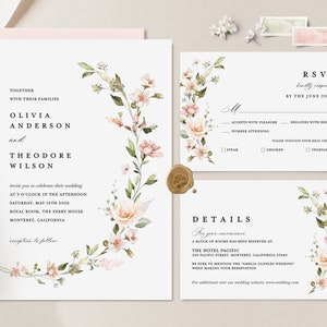 Blush rosa Hochzeitseinladungsvorlage, Boho Blumenhochzeits-Einladungsset, Salbei Blush Rose minimalistische Details, druckbare elegante Antwortkarte, Leah
