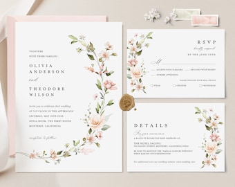 Blush Pink Wedding Invitation Template, Boho Floral Wedding Invite Set, Sage Blush Rose Minimalist Details, Printable Elegant RSVP, Leah