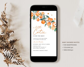Una pequeña Cutie está en camino invitación al baby shower, Evite el baby shower digital de cítricos, invitaciones electrónicas editables para la ducha de azahar