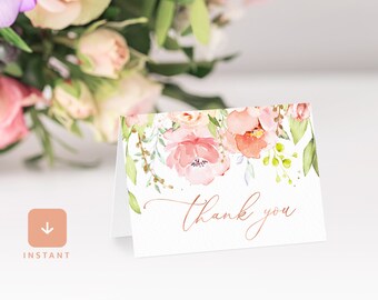 Printable Blush Pink Bridal Shower Thank You Note Card Floral Rose Gold Decor Wedding Baby Shower, Instant Download