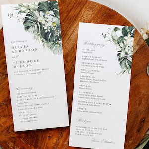 Modello di programmi di matrimonio tropicale, programma di cerimonia Monstera, itinerario della spiaggia di destinazione della palma salvia Boho, stampabile, download istantaneo