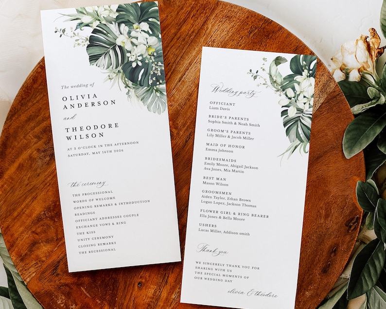 Tropical Wedding Programs Template, Monstera Ceremony Program, Boho Sage Palm Tree Destination Beach Itinerary, Printable, Instant Download image 1