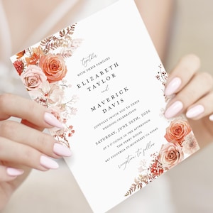Hochzeitseinladungsvorlage in Terrakotta, Hochzeitseinladungen in Orange mit Blumenmuster, druckbare elegante Boho-Einladung mit korallenrosa Rosen, Download