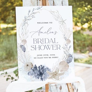 Boho Beach Ocean Bridal Shower Welcome Sign Template, Blue Bridal Brunch Sign, Printable Nautical Sea Shell Destination Large Sign, Download