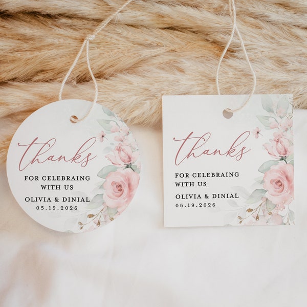 Thank You Favor Tag Template, Wedding Blush Pink Editable Tag, Printable Boho Sage Blush Floral Shower Round Circle Square Tags, Download