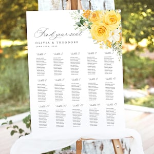Gele bloemen bruiloft zitplaatsen bord sjabloon, Boho elegante wilde bloementuin roos grote gastentafel zitplaatsen bord bord, download