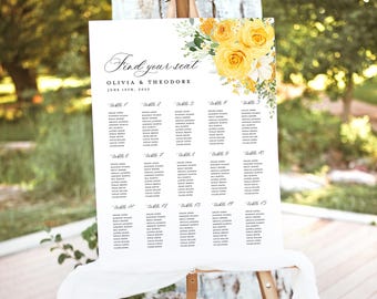 Yellow Floral Wedding Seating Chart Sign Template, Boho Elegant Wildflower Garden Rose Large Guest Table Seating Chart Sign Board, Download