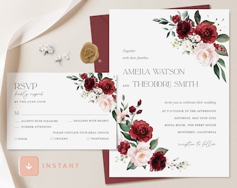 Burgundy Blush Boho Wedding Invitation Template, Maroon Blush Wedding Invite, Marsala Floral Invitation Set, Red Watercolor Printable RSVP