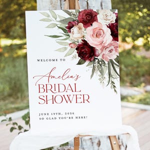 Burgundy Bridal Shower Welcome Sign Template, Blush Pink Boho Rose Bridal Brunch Sign, Printable Red Marsala Floral Welcome Sign, Download