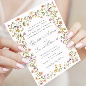 Classic Floral Wedding Invitation Template, Colorful Elegant Wedding Invites, Printable Wildflower Sage Greenery French Invitations Download