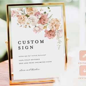 Plantilla de letrero de boda personalizado Dusty Rose, letrero de decoración de mesa de recepción rosa rubor boho, póster de letrero floral elegante imprimible editable, descargar