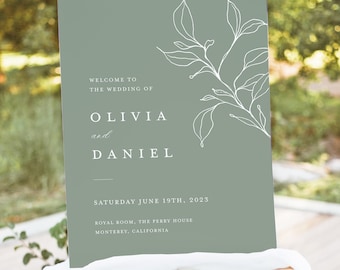 Modello di cartello di benvenuto per matrimonio minimalista, cartello modificabile verde salvia, cartello decorativo per ricevimento con vegetazione botanica, cartello grande semplice stampabile